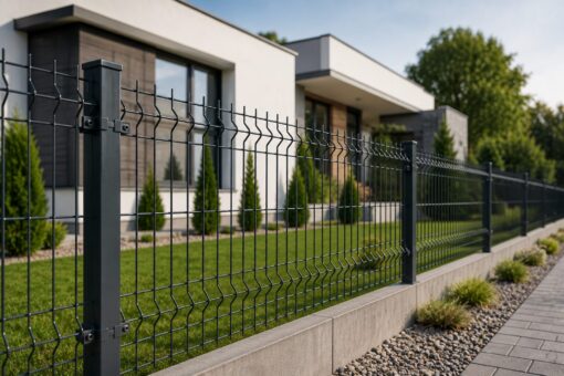 Moderný rodinný dom s elegantným 3D pletivovým plotom okolo pozemku.