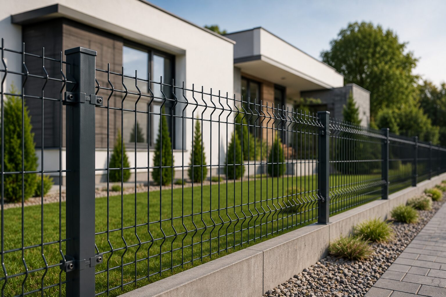 Moderný rodinný dom s elegantným 3D pletivovým plotom okolo pozemku.